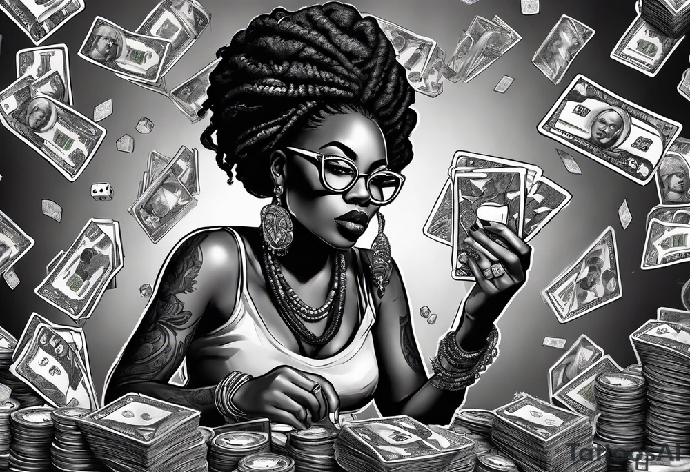 african woamn with dread locks and un glasses biting money with cards and dice tattoo idea