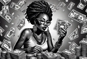 african woamn with dread locks and un glasses biting money with cards and dice tattoo idea
