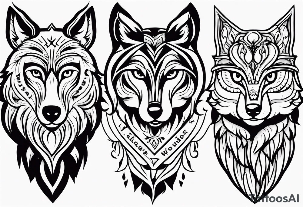 A Wolf as a father, an owl as the son and a lioness as the daughter. tattoo idea