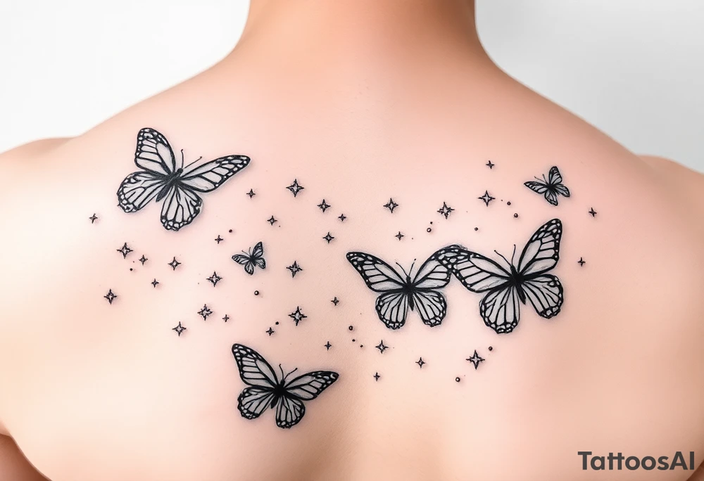 Trail of butterflies with pixie dust and shiny stars tattoo idea