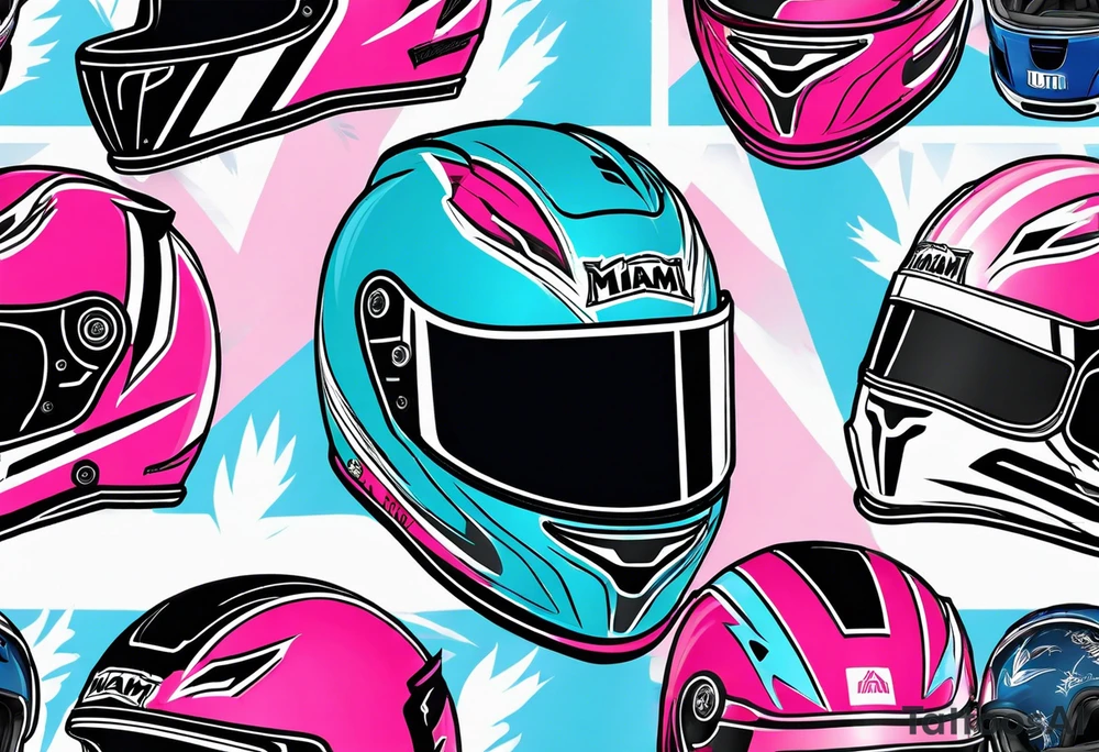Formula 1 Helment with the Miami name a palm tree and pink black and light blue colors tattoo idea