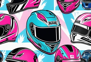 Formula 1 Helment with the Miami name a palm tree and pink black and light blue colors tattoo idea