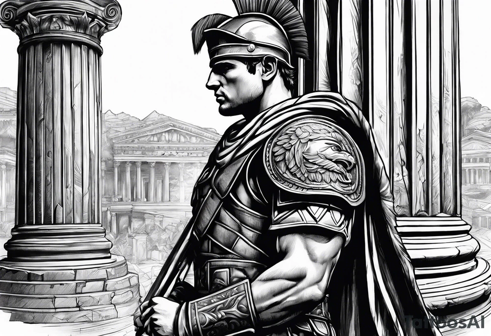 Roman solider looking at pillars tattoo idea
