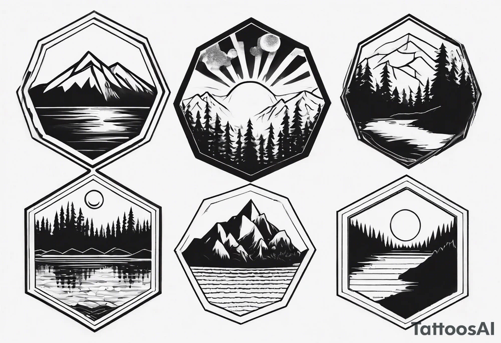 Several hexagons, within which is a mountain in the background on the right side, a sun on the left, a coniferous forest in the foreground, and a lake on the lower side tattoo idea