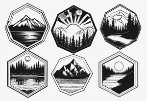 Several hexagons, within which is a mountain in the background on the right side, a sun on the left, a coniferous forest in the foreground, and a lake on the lower side tattoo idea