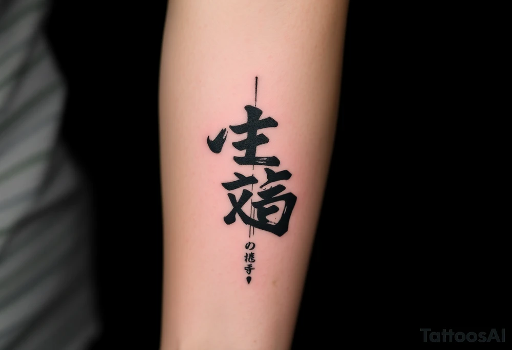 A black and gray tattoo design featuring the Japanese kanji 成長 (growth) and 忍耐 (perseverance), arranged vertically in bold brushstroke ink style. Surround the kanji with subtle martial arts symbolism, like a BJJ belt or grappling figures in motion. Incorporate inspirational energy similar to Kobe Bryant’s Mamba Mentality or Stephen Curry’s faith and discipline, reflected through minimalist elements like a subtle basketball silhouette or flame. The design should feel powerful, clean, and philosophical tattoo idea