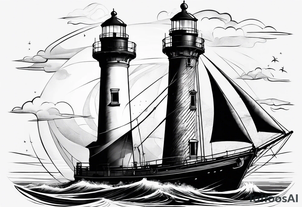 maritime lighthouse with 2 large sails attached. tattoo idea