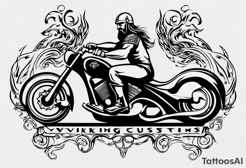 i want a tattoo of a viking riding a motorcycle with flames and I want the words “Viking Customs” incorporated into the design tattoo idea