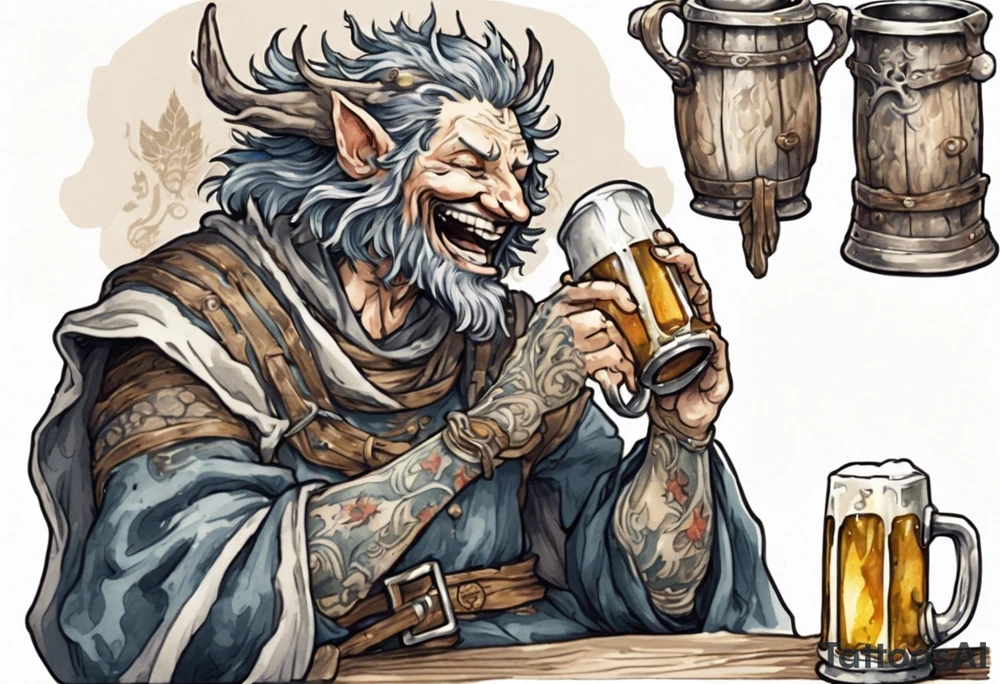 a medieval spriggan wearing a tunic and drinking from a pewter mug of beer in a tavern, laughing tattoo idea