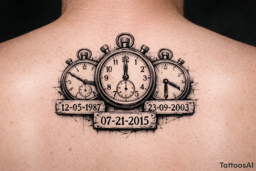 3 stop watches with time and date tattoo idea