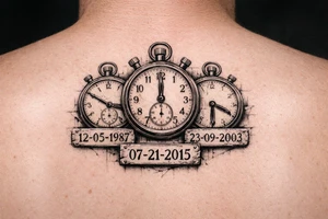 3 stop watches with time and date tattoo idea