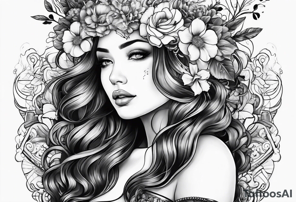 woman with flower crown tattoo idea
