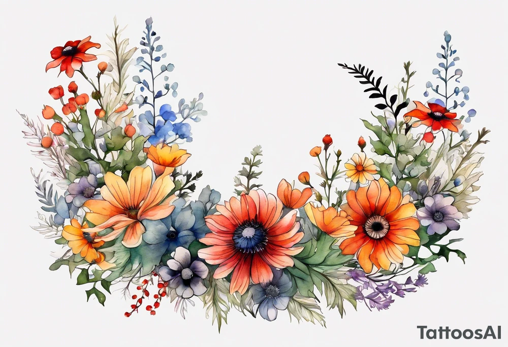 simple wildflowers cascading with thistles, ferns, white anemones, sun flowers, red flowers, black flowers, buttercups, orange flowers, babys breath and daisies all in watercolor tattoo idea