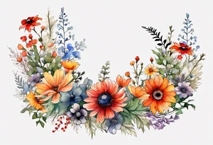 simple wildflowers cascading with thistles, ferns, white anemones, sun flowers, red flowers, black flowers, buttercups, orange flowers, babys breath and daisies all in watercolor tattoo idea