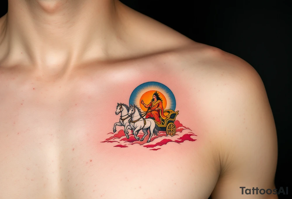 Dazhbog – A radiant sun god in fiery orange and yellow robes, riding a chariot pulled by white horses across a sky split in blue and scarlet. tattoo idea