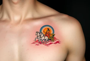 Dazhbog – A radiant sun god in fiery orange and yellow robes, riding a chariot pulled by white horses across a sky split in blue and scarlet. tattoo idea