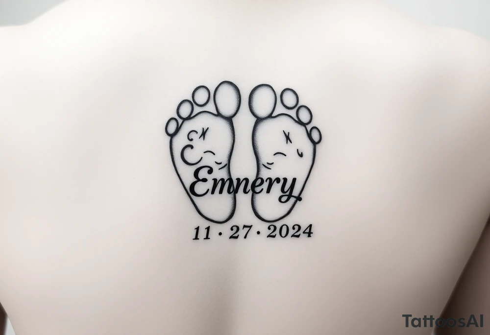 Baby feet with the name Emery and his date of birth in Roman numbers 11/27/2024 and his weight 5 pounds 12 ounces tattoo idea