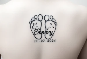 Baby feet with the name Emery and his date of birth in Roman numbers 11/27/2024 and his weight 5 pounds 12 ounces tattoo idea