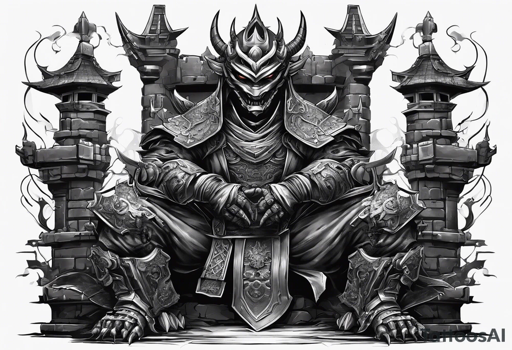 Angry demon Modern robot ninja with demon mask with swords in sitting in his castle tattoo idea