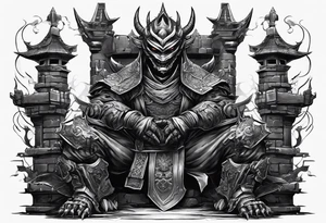 Angry demon Modern robot ninja with demon mask with swords in sitting in his castle tattoo idea