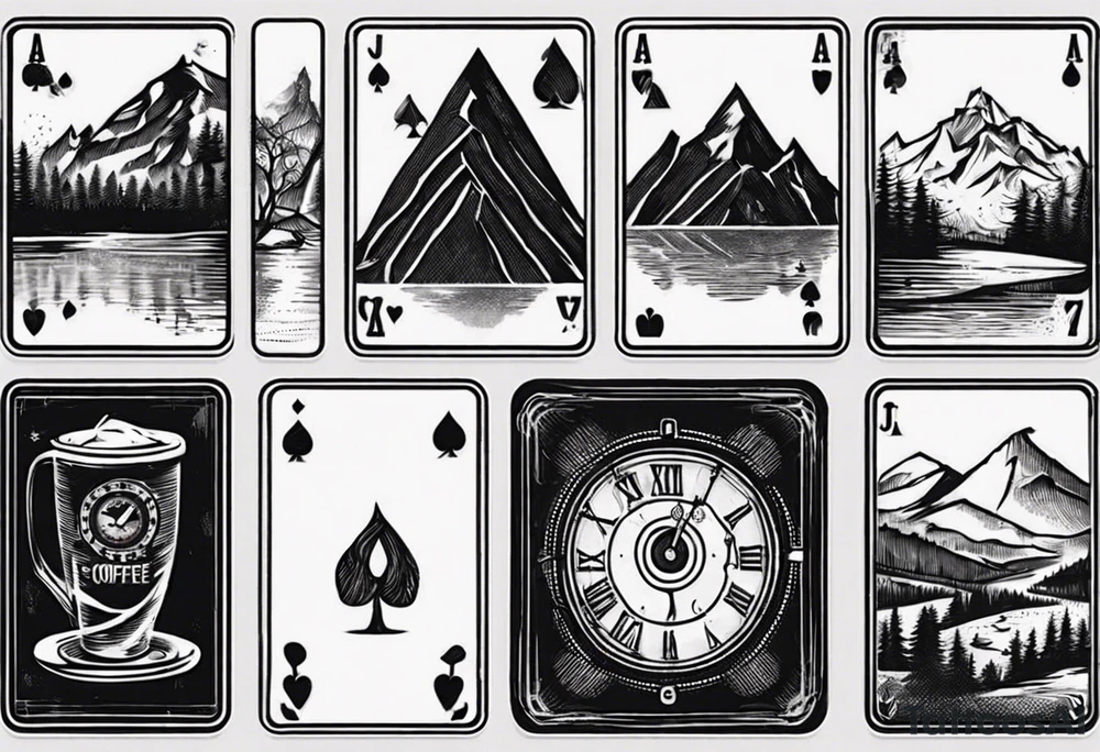 mokka coffee
Old clock at 9:44pm
a landscape Forest and mountain
Game of 4 poker cards tattoo idea