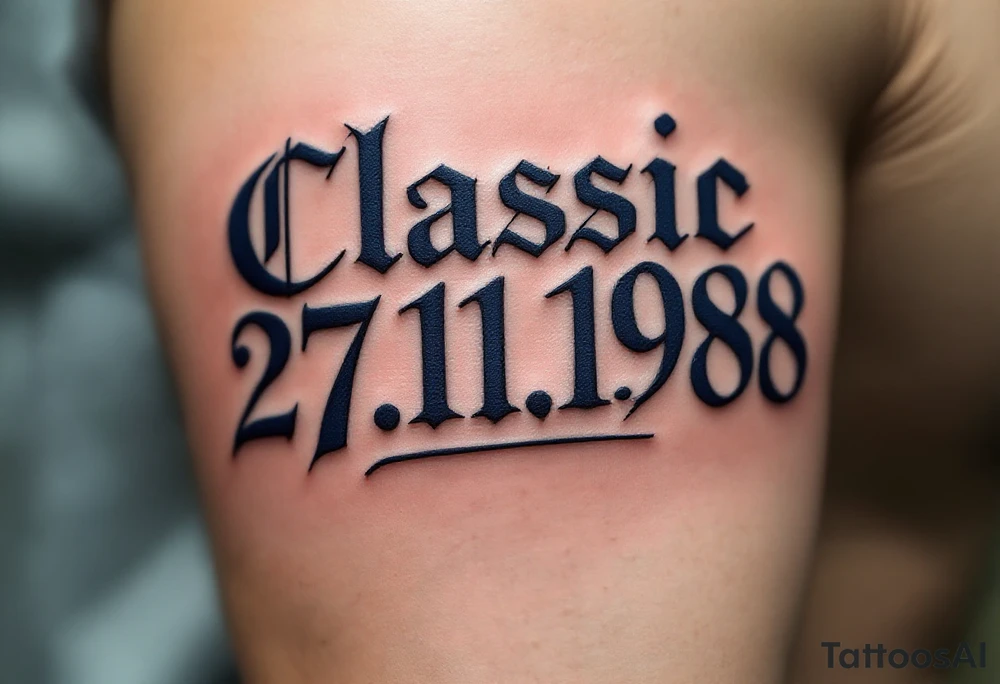 Classic 27.11.1988 carved in Roman numerals with deep navy blue shadows. tattoo idea