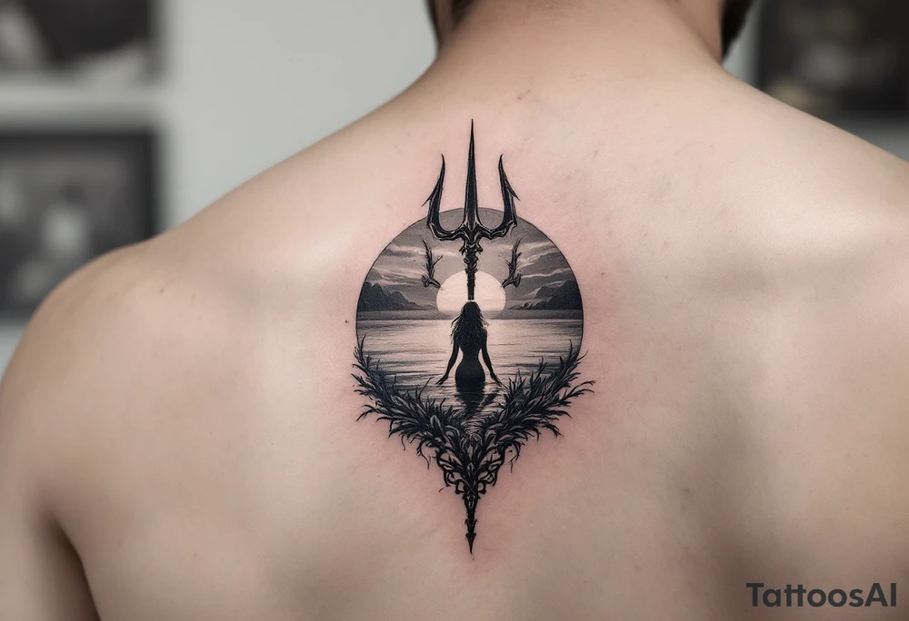 trident half way under calm water with sunset and mermaid tattoo idea