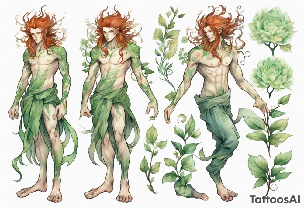 a slender and beautiful male dryad with pale green skin and auburn hair and roots for feet tattoo idea