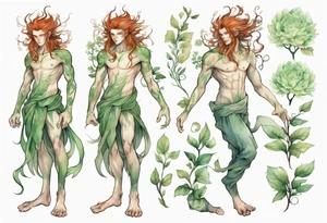 a slender and beautiful male dryad with pale green skin and auburn hair and roots for feet tattoo idea