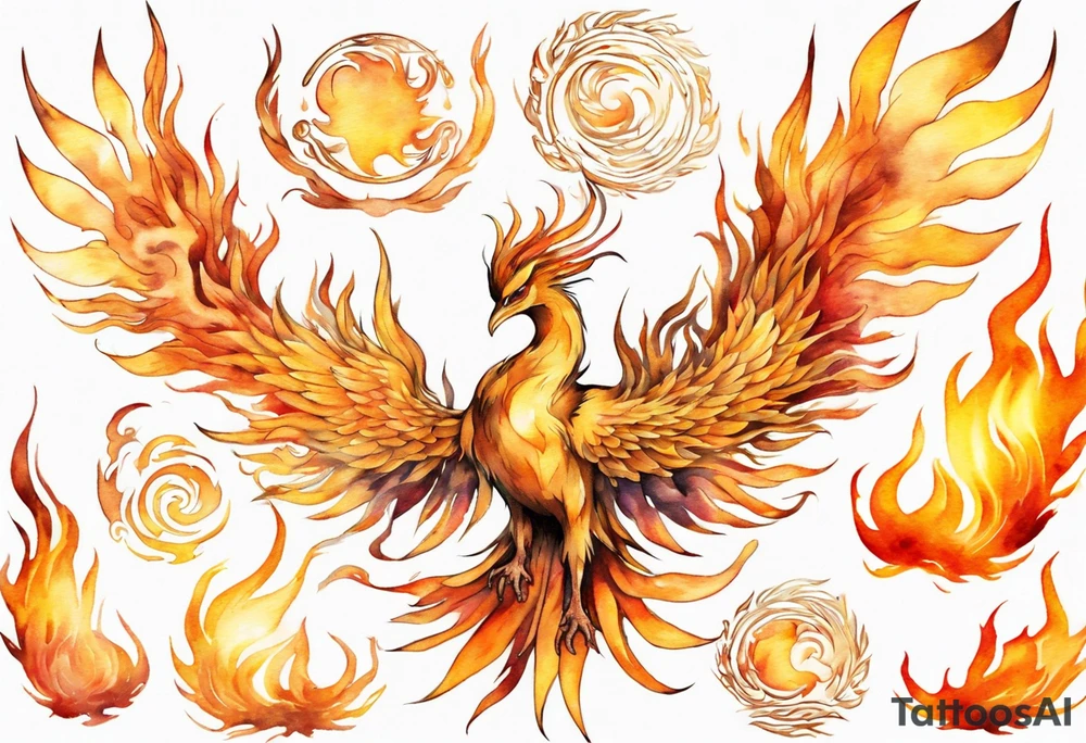 a golden phoenix surrounded by the flames of the sun tattoo idea
