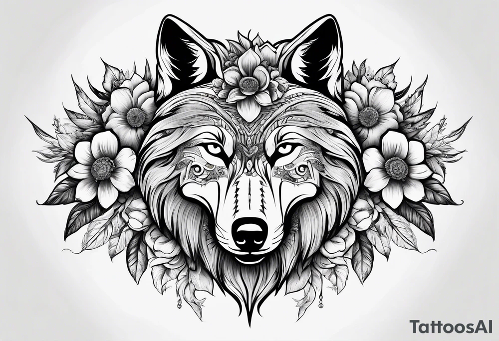 Wolf head half skull with flowers around tattoo idea