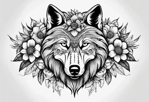 Wolf head half skull with flowers around tattoo idea