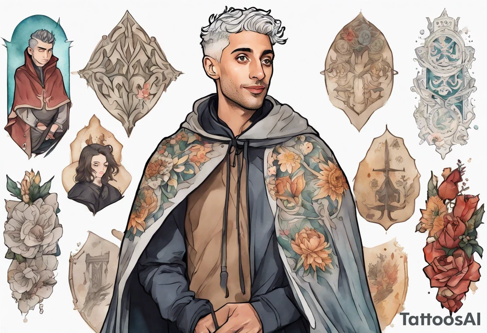 Tan France wearing a medieval cloak tattoo idea