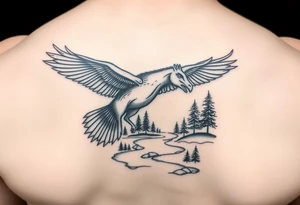 Eagle flying and a horse drinking from a river with some trees tattoo idea