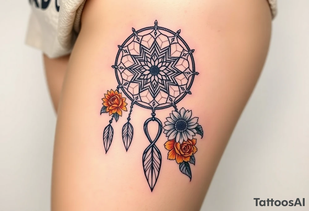 Dreamcatcher with zodiac symbols and protection runes caught in it with tigerlillies roses and sunflowers tattoo idea