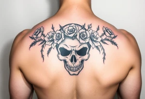 ornate skull adorned with crown of wild roses and thorns tattoo idea
