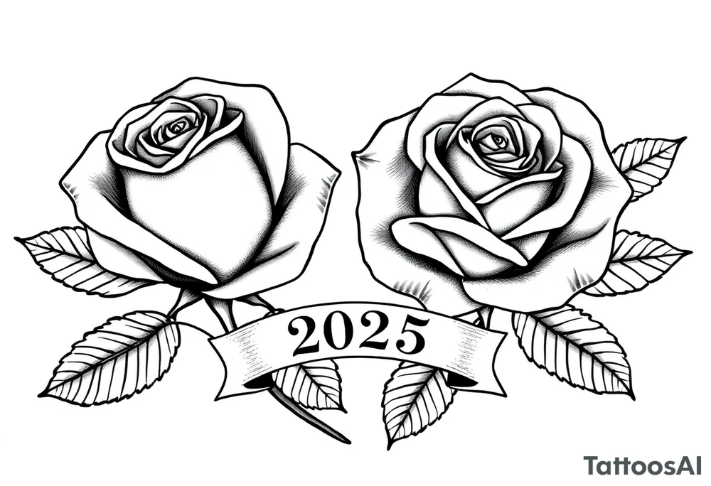 two beautiful large rose buds, one larger than the other, with lots and lots of leaves next to the rose buds, with one sitting slightly higher than the other, side-by-side.  Include a banner connecting the two roses with the year 2025 on it.   Use dark outlines with little shading. Remove all stems from the roses. tattoo idea