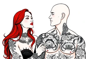 Woman with long red hair and red lipstick with lots of tattoos with  a bald muscular white man with tattoos getting married tattoo idea