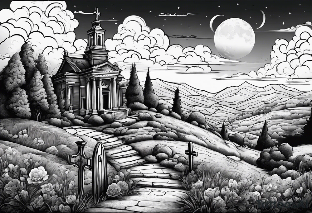 Cemetery on hills with clouds and moon tattoo idea