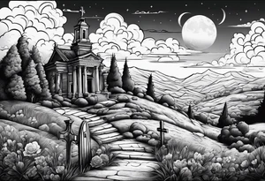 Cemetery on hills with clouds and moon tattoo idea