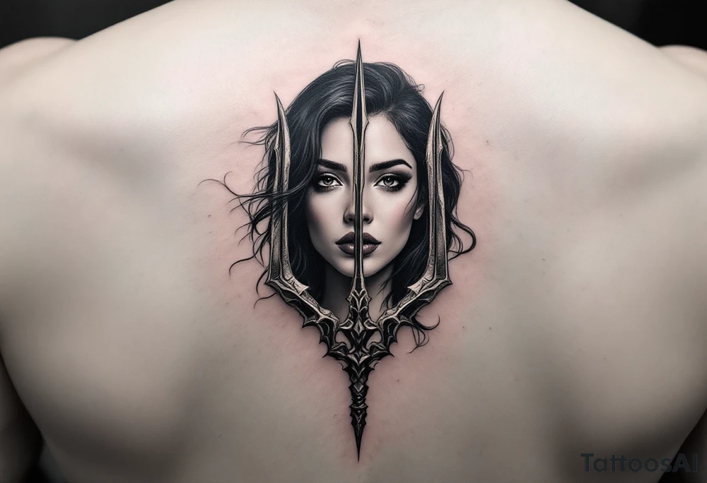 gentle woman face with black hair behind trident tattoo idea