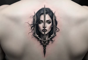 gentle woman face with black hair behind trident tattoo idea