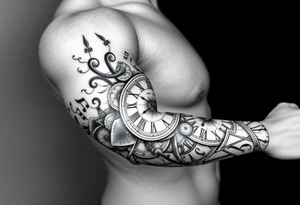 I want to create a sleeve for my left arm with elements if time and music and the dates 19.04.2019 and 28.01.2022 in Roman numerals tattoo idea