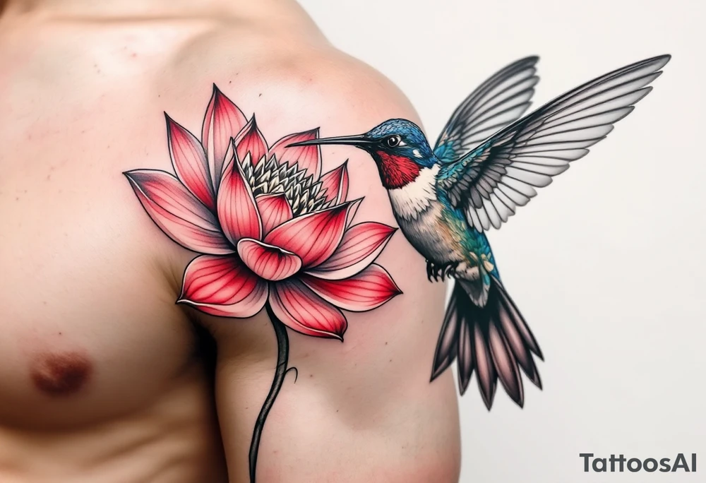 a hummingbird drinking from an egyptian lotus (red and black) tattoo idea