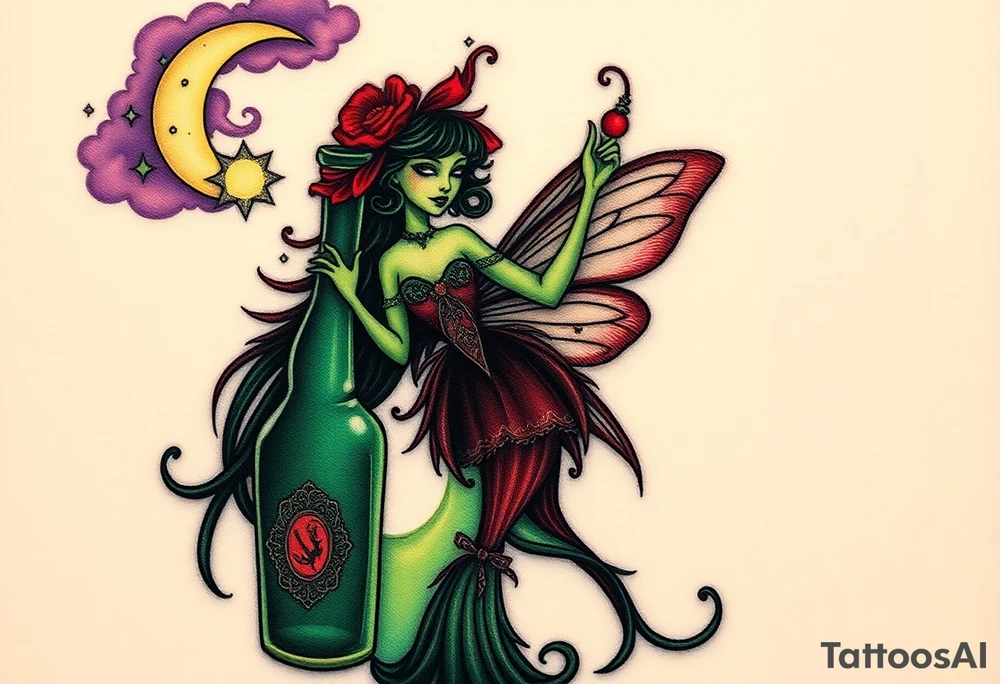 Tim Burton’s kelly doty pin up style Vintage Parisian elegant and hauntingly beautiful yet eerie full body absinthe Green Fairy dances outside her victorian crystal decatur she was once inside this elaborate ornate bottle absinthe bottle Absinthe Art Nouveau   and dripping with muted reds, dusty pinks, and eerie green glow.purple and cyan smokey clouds swirl in the crescent moonlit sky thats sprinkled with stars tattoo idea