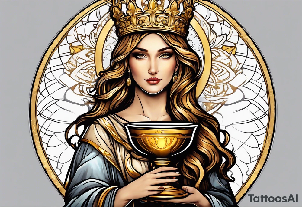 woman saint holding chalice surrounded by golden halo tattoo idea