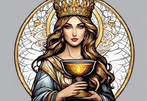 woman saint holding chalice surrounded by golden halo tattoo idea