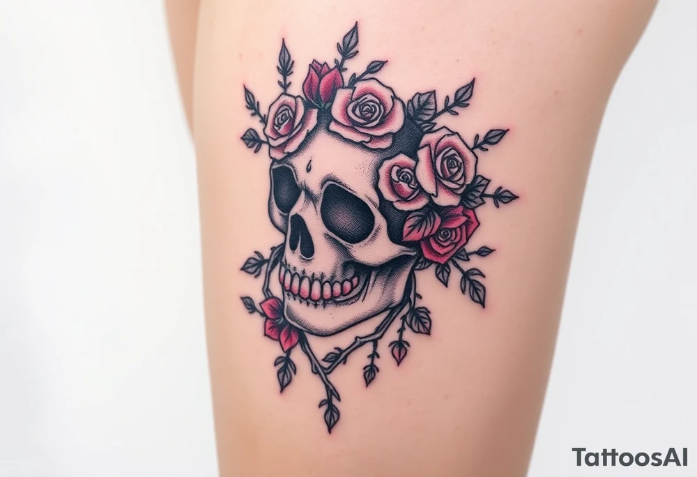 ornate skull adorned with crown of wild roses and thorns tattoo idea