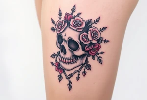 ornate skull adorned with crown of wild roses and thorns tattoo idea