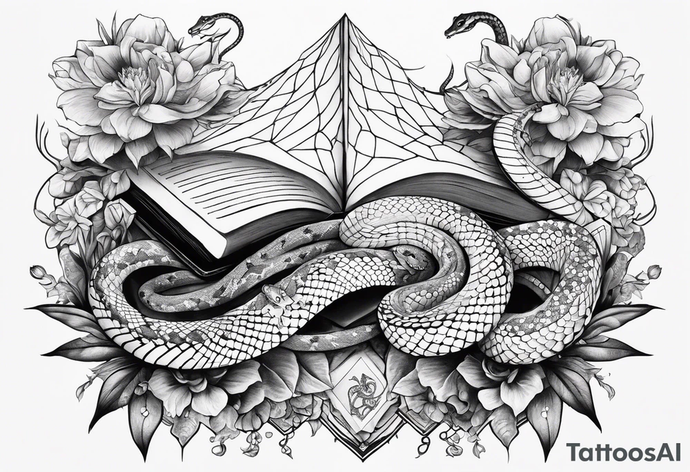 A long tattoo that includes a snake, books, stars and poisonous flowers tattoo idea